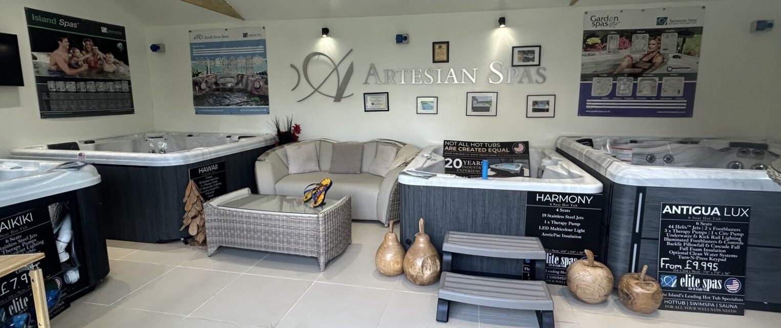 Elite Spas Isle of Wight showroom in Winford displaying Artesian hot tubs